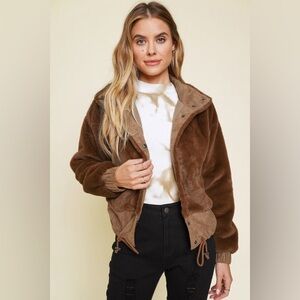 Mystree Cropped Sherpa Jacket Brown Faux Fur Drawstring Hem Boutique Coat Size L